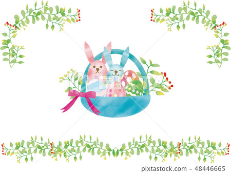 Easter egg in watercolor basket + Easter rabbit and grass and surrounding frame (light green) 48446665