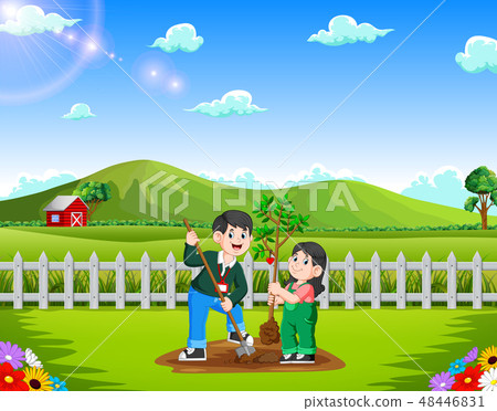 Father and daughter planting tree in the park Father and daughter planting tree in the park 48446831