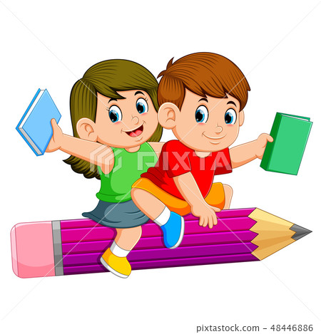 School Kids Riding A Pencil - Stock Illustration [48446886] - PIXTA