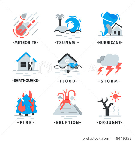 Flat vector set of natural disaster icons. Falling meteorite, hurricane, volcano eruption. Dangerous Flat vector set of natural disaster icons. Falling meteorite, hurricane, volcano eruption. Dangerous 48449355