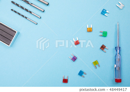 Set of electrical tool on colorful background Set of electrical tool on colorful background 48449417