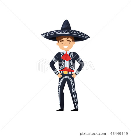 Boy in Mexican national suit. Kid wearing blue sombrero and costume with embroidery. Flat vector 48449549