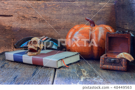 skull on wood in Halloween day on old wooden skull on wood in Halloween day on old wooden 48449563