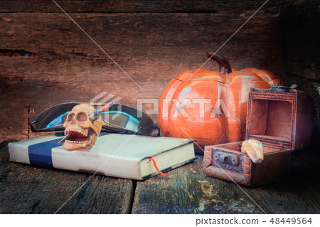 skull on wood in Halloween day on old wooden skull on wood in Halloween day on old wooden 48449564