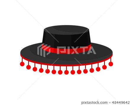 Flat vector icon of black Spanish hat with red ball fringe. Male headdress, part of carnival costume Flat vector icon of black Spanish hat with red ball fringe. Male headdress, part of carnival costume 48449642