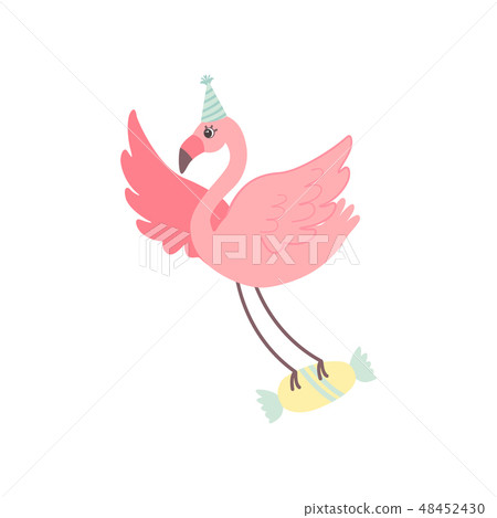 Cute Flamingo Wearing Party Hat Flying 