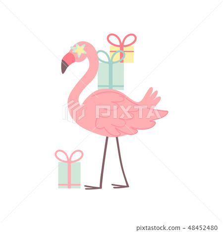 Cute Flamingo with Gift Boxes, Beautiful Exotic Bird Character Vector Illustration 48452480
