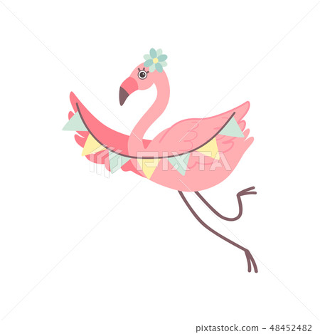 Cute Flamingo with Party Flags, Beautiful Exotic Bird Character Vector Illustration 48452482