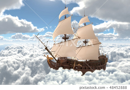 Sailboat flying above the clouds 3d illustration Sailboat flying above the clouds 3d illustration 48452888