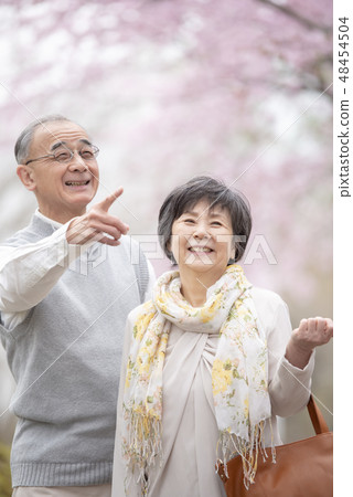 Senior couple who put their fingers in cherry blossoms 48454504
