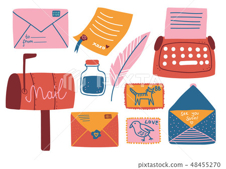Post Supplies Set, Mailbox, Letters, Postcard, Pen, Inkwell, Typewriter Vector Illustration Post Supplies Set, Mailbox, Letters, Postcard, Pen, Inkwell, Typewriter Vector Illustration 48455270
