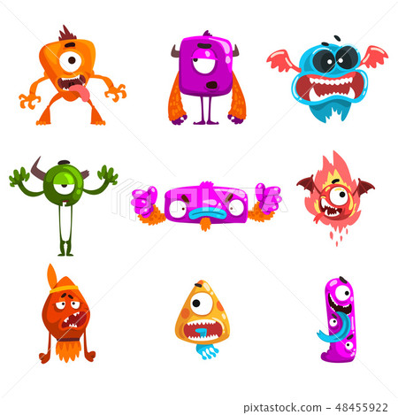 Funny cartoon monster with different emotions, colorful fabulous alien characters vector Funny cartoon monster with different emotions, colorful fabulous alien characters vector 48455922