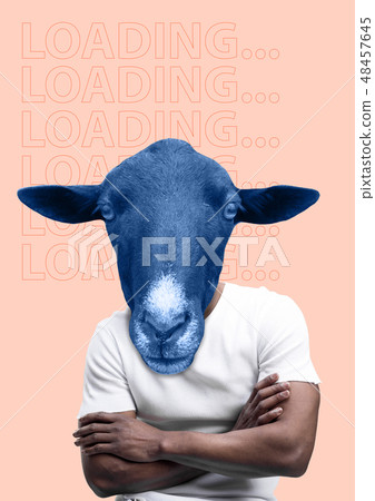 Modern collage. Concept of man with donkey head on color background. Modern collage. Concept of man with donkey head on color background. 48457645