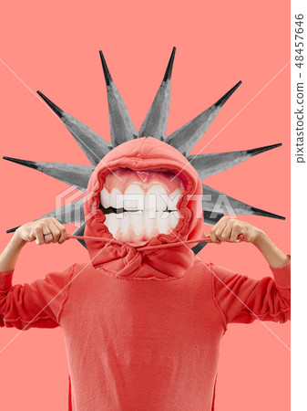 Collage in magazine style with happy emotions and female lips instead of head. 48457646