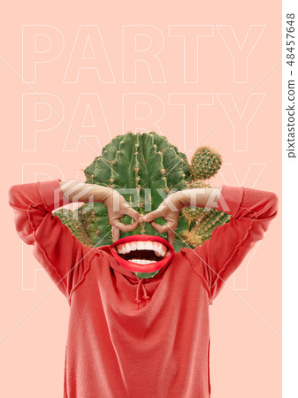 Collage in magazine style with happy emotions and female lips instead of head. Collage in magazine style with happy emotions and female lips instead of head. 48457648
