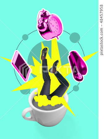 Conceptual image of businessman without head and daily routine icons instead. 48457958