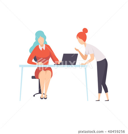 Two Businesswoman Working in Office, Office Employee Characters Working on Project Vector Two Businesswoman Working in Office, Office Employee Characters Working on Project Vector 48459256