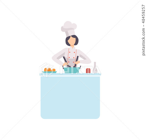 Woman Chef Cook Character Wearing Uniform and Hat Cooking in Kitchen Vector Illustration Woman Chef Cook Character Wearing Uniform and Hat Cooking in Kitchen Vector Illustration 48459257