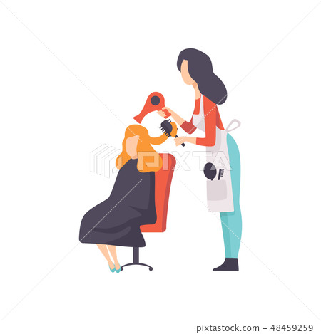 Woman Hairdresser Character Drying Hair of Woman at Beauty Saloon, Female Barber Character Vector Woman Hairdresser Character Drying Hair of Woman at Beauty Saloon, Female Barber Character Vector 48459259