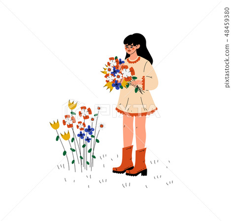 Young Woman Picking Up Flowers, Girl Working in Garden or Farm Vector Illustration 48459380