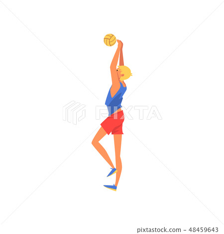 Man Playing with Ball, Male Volleyball Player Professional Sportsman Character, Side View Vector Man Playing with Ball, Male Volleyball Player Professional Sportsman Character, Side View Vector 48459643