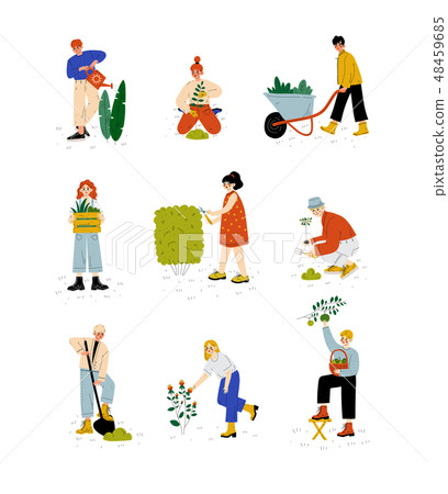 People Working in Garden or Farm Set, Girls and Guys Planting Seedlings, Watering and Caring for 48459685