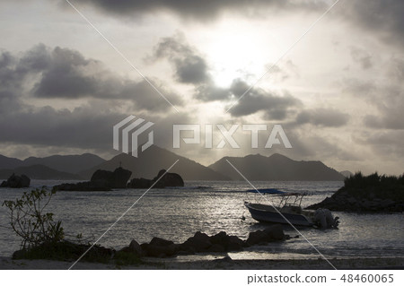 Dramatic dusk at La Dique island, Seychelles 48460065
