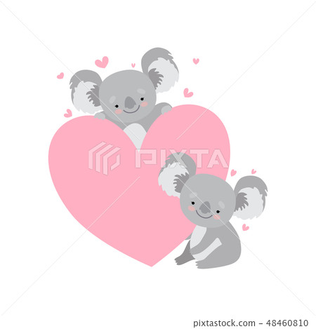 Two Cute Baby Koala Bears with Big Pink Heart, Funny Grey Animal Character Vector Illustration 48460810