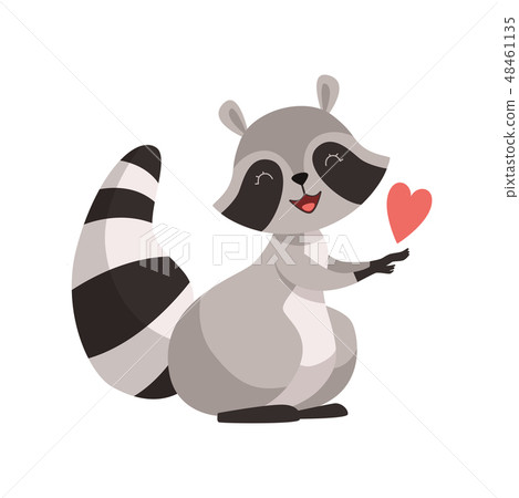 Cute Raccoon with Red Heart, Funny Humanized Grey Coon Animal Character Vector Illustration 48461135
