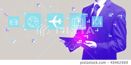 Airplane travel theme with businessman holding a tablet 48462989