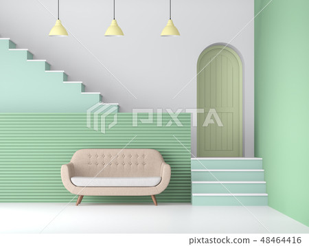 Pastel green color living room 3d render - 스톡일러스트 [48464416] - PIXTA