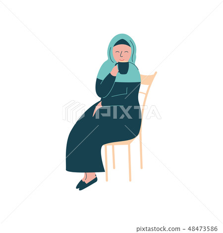 Muslim Woman in Hijab Sitting on Chair and Drinking Tea, Modern Arab Girl Character in Traditional 48473586