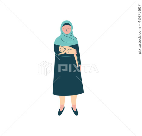 Muslim Woman in Hijab Holding Cat on Her Hands, Modern Arab Girl Character in Traditional Clothing 48473607
