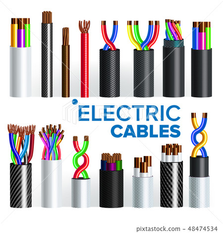 Electric Cables Set Vector. Copper Wire. Electrician Rubber Cord. Industrial Network Power 48474534