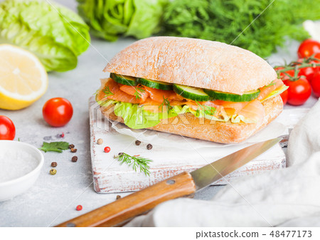 Fresh healthy salmon sandwich with lettuce  48477173