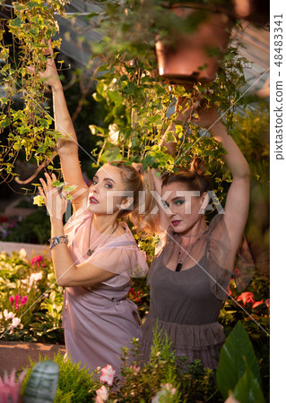 Beautiful pretty women holding their hands up Beautiful pretty women holding their hands up 48483341