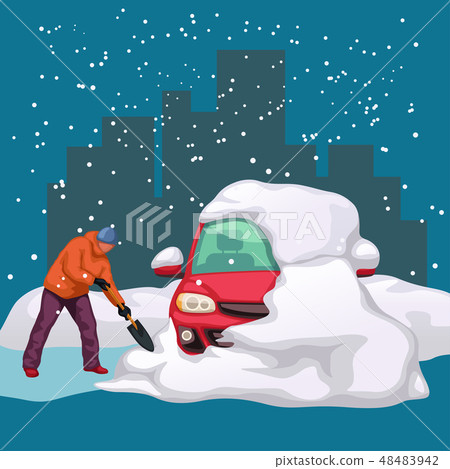 man cleaning car from snow man cleaning car from snow 48483942