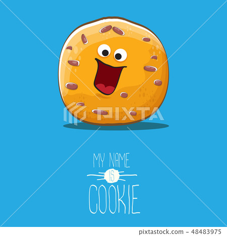 vector funny hand drawn homemade chocolate cookie character isolated on blue background. My name is vector funny hand drawn homemade chocolate cookie character isolated on blue background. My name is 48483975