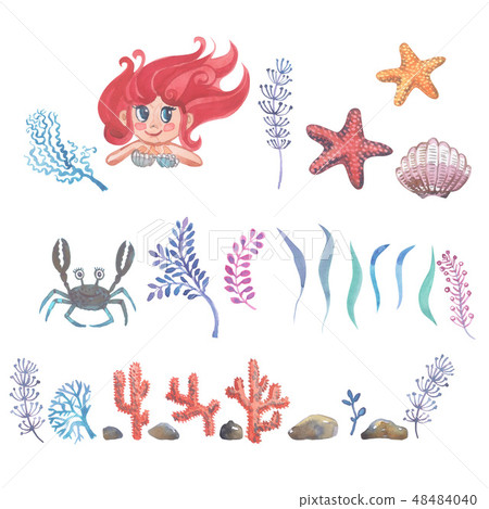 Watercolor little mermaid with pink hair and green fish tail lies on the sand on the seabed. 48484040
