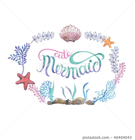 Square frame with calligraphy lettering of sea shellfish painted in watercolor isolated on white 48484043