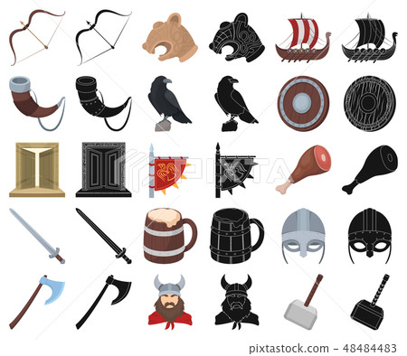 Vikings and attributes cartoon,black icons in set collection for design.Old Norse Warrior vector 48484483