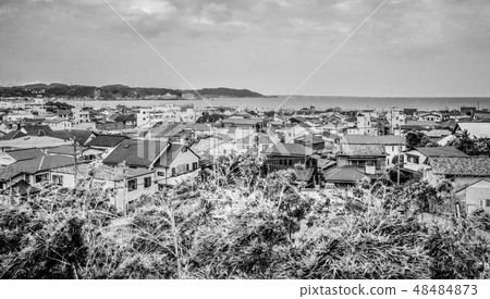 Wide angle view over the city and bay of Kamakura Japan Wide angle view over the city and bay of Kamakura Japan 48484873