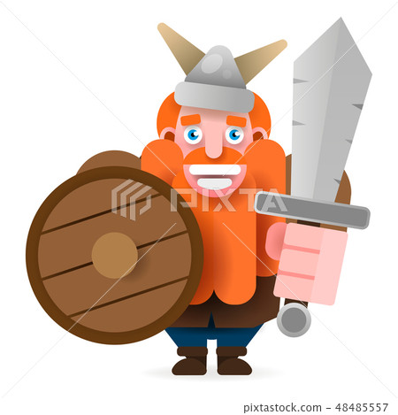 Red-bearded Viking With Shield And Axe Smiling .  48485557