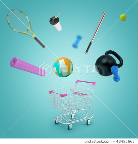 3d rendering of a shopping cart standing on the floor and various sports equipment scattering in all 3d rendering of a shopping cart standing on the floor and various sports equipment scattering in all 48485665
