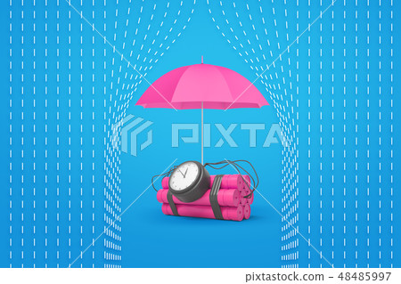 3d rendering of a pink dynamite bundle with a time bomb and a pink umbrella protecting it from rain. 3d rendering of a pink dynamite bundle with a time bomb and a pink umbrella protecting it from rain. 48485997