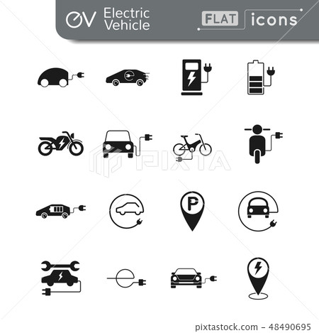 Electric vehicle flat icon set in monochrome color 48490695