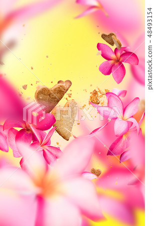 Post card flying pink frangipani flower petals Post card flying pink frangipani flower petals 48493154