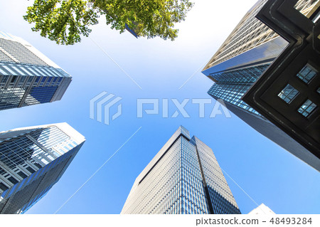Landscape of the office town looking up at a skyscraper Landscape of the office town looking up at a skyscraper 48493284
