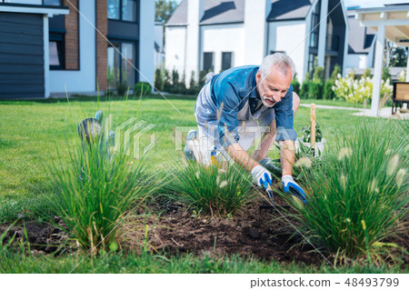 Bearded grey-haired man taking care of the soil in his garden bed outside the house 48493799
