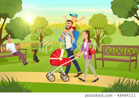 Happy Family Strolling with Pram In Park Vector 48494111